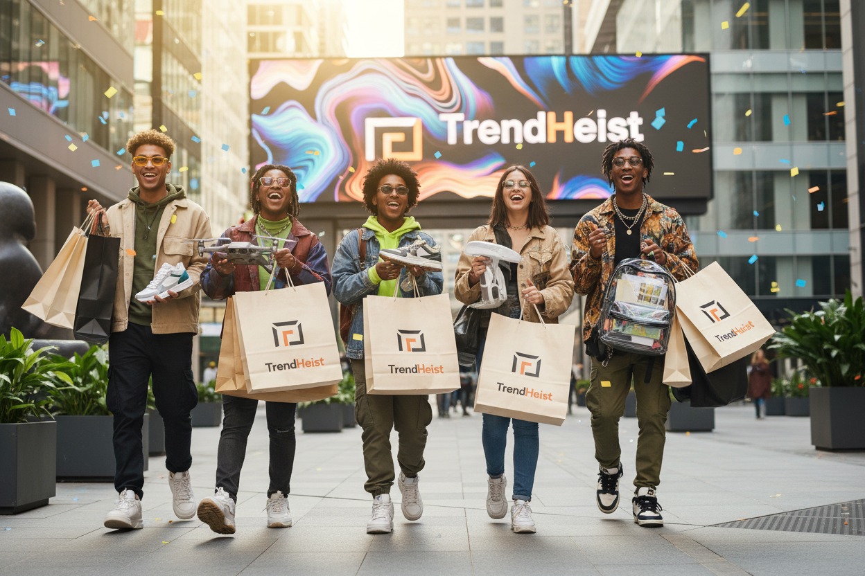 young trendy hip people happy to have bought trendy stuff from trendheist. insert trendheist logo